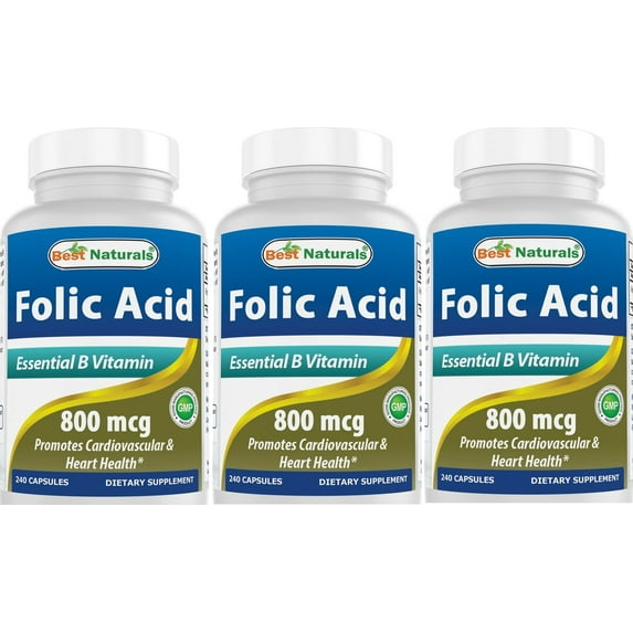 3 Pack Best Naturals Folic Acid 800 mcg 240 Capsules