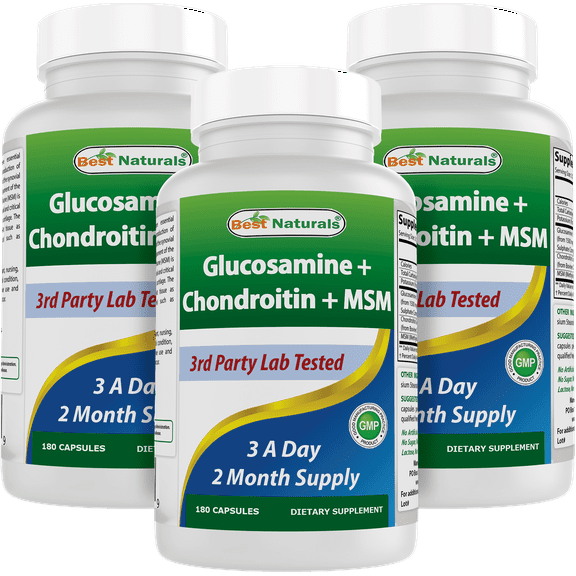 Best Naturals Glucosamine Chondroitin MSM Capsules, Joint Support Supplement, Gluten-Free, 3 Pack, 180 Ct