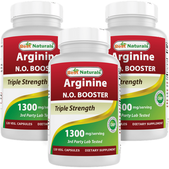 3 Pack Best Naturals L-Arginine 1300 mg 120 Vegetarian Capsules | NO Booster Triple Strength