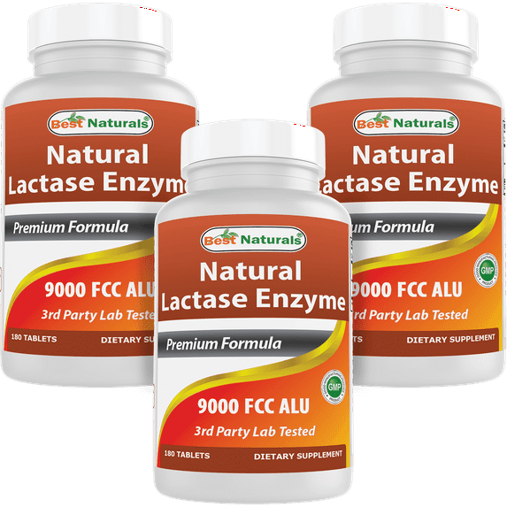 Best Naturals Natural Lactase Enzyme 9000 FCC ALU, 3 Pack, 180 Tablets