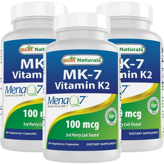 3 Pack Best Naturals MK-7 Vitamin K2 100 mcg 60 Vegetarian Capsules
