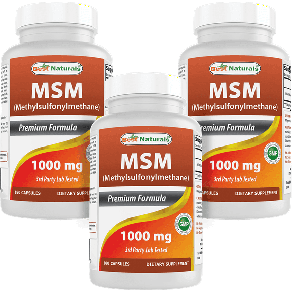 3 Pack Best Naturals MSM(Methylsulfonylmethane ) 1000 mg, 180 Capsules