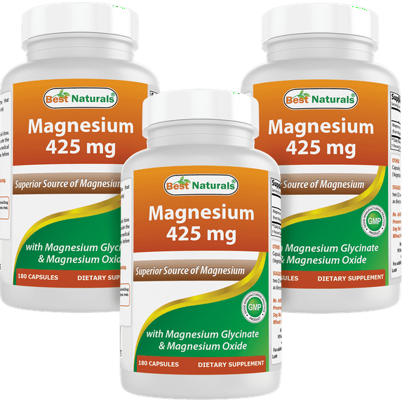 3 Pack Best Naturals Magnesium Glycinate 425 mg 180 Vegetarian Capsules | High Absorption Magnesium Glycinate & Magnesium Oxide Chelated, Non-GMO, Gluten Free Muscle Relax