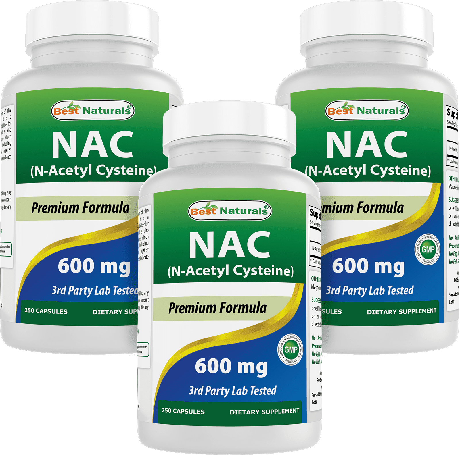 3 Pack Best Naturals NAC (N-Acetyl L-Cysteine) 600 mg 250 Capsules