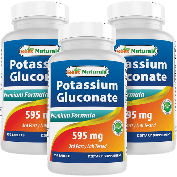 3 Pack Best Naturals Potassium Gluconate Supplement 595 mg 250 Tablets