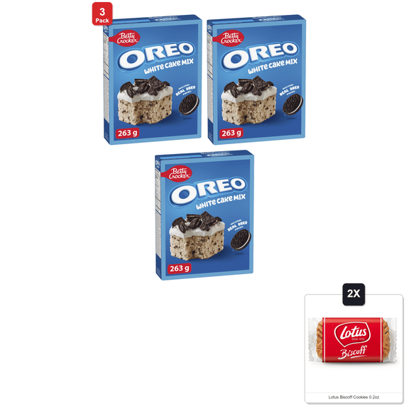 3 Pack | Betty Crocker Oreo White Cake Mix, 263 Grams Package, Baking Mix, Just Add Water, Tastes Like Homemade, Easy To Bake & 2x Lotus Biscoff Cookies 0.2oz