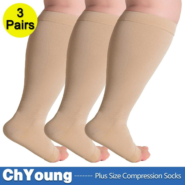 (3 Pack) Big and Tall Compression Socks for Women and Men 20-30mmHg Open Toe Wide Calf - Plus Size Compression Support Hose Wide Calf for Swelling Pain Recovery Nursing Beige, 4X-Large,ChYoung