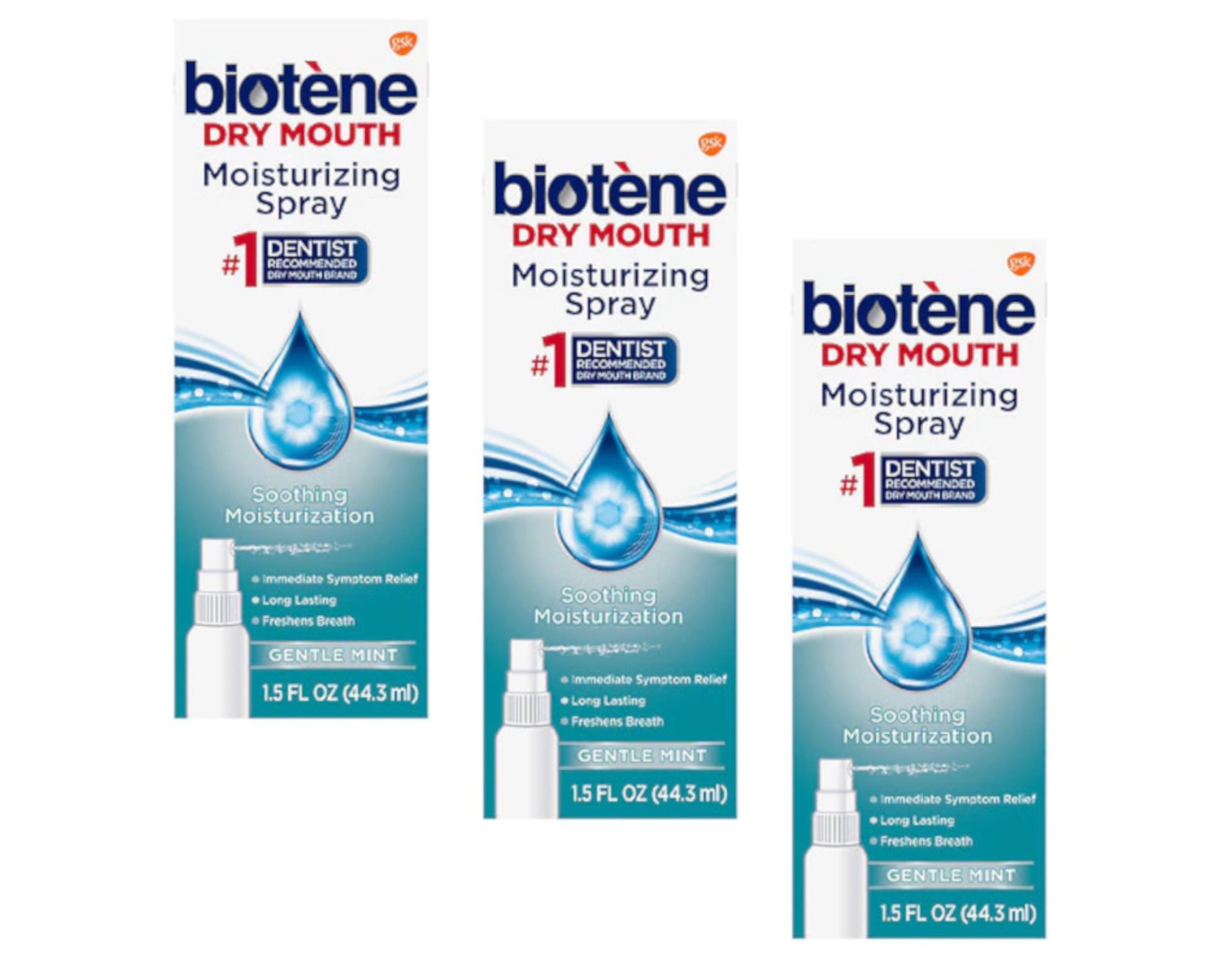 Biotene Gentle Mint Moisturizer, 3 Pack Dry Mouth Relief Spray 1.5 oz