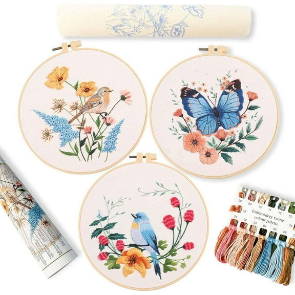 3 Pack Bird and Butterfly Pattern Embroidery Kit for Beginners Kit with Pattern and Instructions Full Range of Embroidery Kits Embroidery Hoops DIY Embroidery Crafts for Adults Beginner