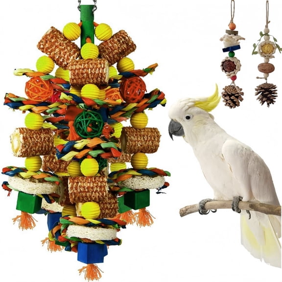 3-Pack Bird Chew Toys for Large Parrots, Natural Corn Cob, Loofah & Rope Foraging Toys