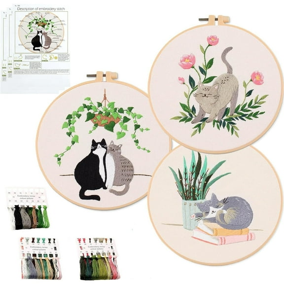 3 Pack Bird / Flower / Cat Embroidery Kits,Cross Stitch Needlepoint Kits for Adults Beginner,Needle Point Kit with Washable Pre-Printed Pattern,3 Hoops