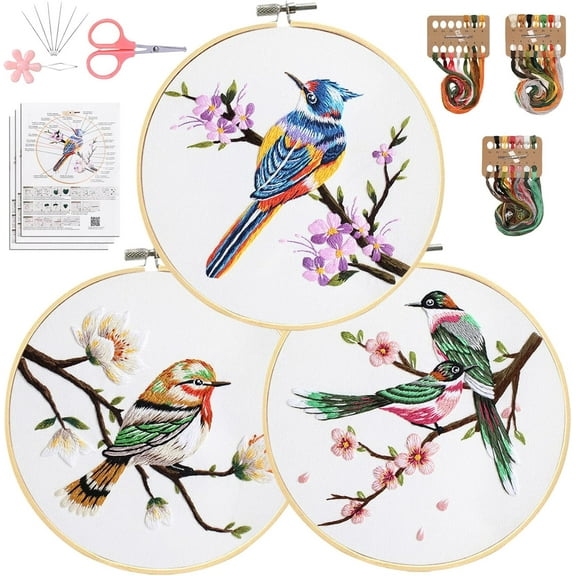 3 Pack Bird and Flower Pattern Embroidery Kit for Beginners Kit with Pattern and Instructions Full Range of Embroidery Kits Embroidery Hoops DIY Embroidery Crafts for Adults Beginner