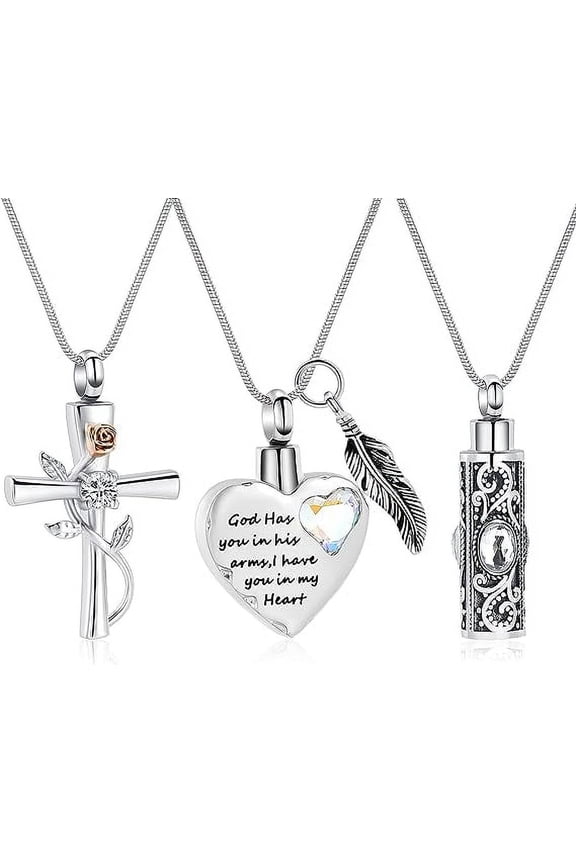 3 Pack Birthstone Cylinder Cross Heart Urn Necklace for Ashes Cremation Jewelry for Ashes for Women Men Loved One Keepsake Memorial Mini Urn Holder