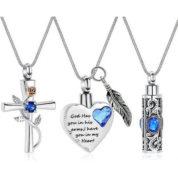 3 Pack Birthstone Cylinder Cross Heart Urn Necklace for Ashes Cremation Jewelry for Ashes for Women Men Loved One Keepsake Memorial Mini Urn Holder
