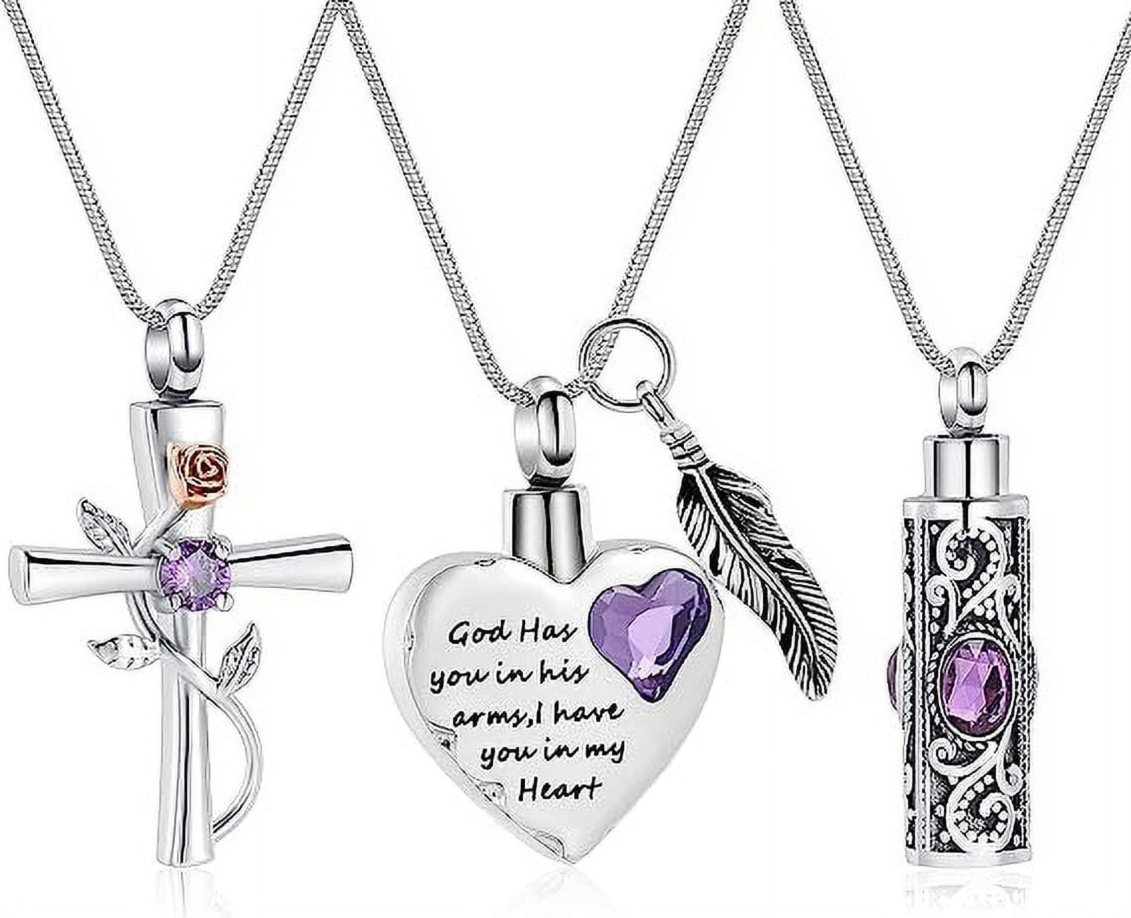 3 Pack Birthstone Cylinder Cross Heart Urn Necklace for Ashes Cremation Jewelry for Ashes for Women Men Loved One Keepsake Memorial Mini Urn Holder