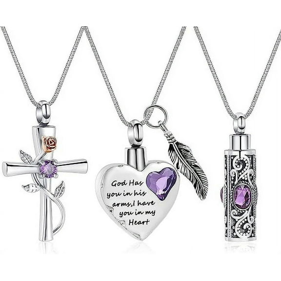3 Pack Birthstone Cylinder Cross Heart Urn Necklace for Ashes Cremation Jewelry for Ashes for Women Men Loved One Keepsake Memorial Mini Urn Holder