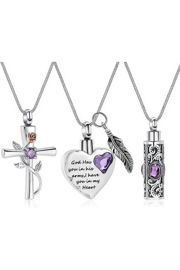 3 Pack Birthstone Cylinder Cross Heart Urn Necklace for Ashes Cremation Jewelry for Ashes for Women Men Loved One Keepsake Memorial Mini Urn Holder