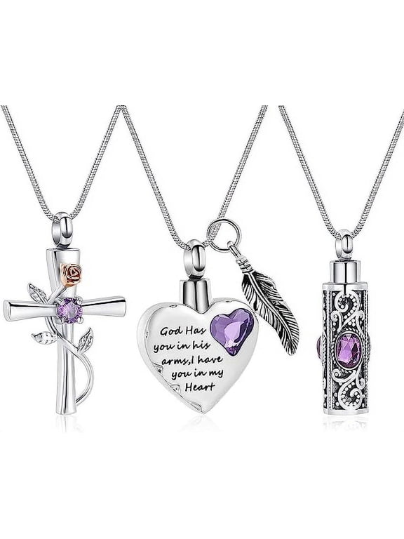 3 Pack Birthstone Cylinder Cross Heart Urn Necklace for Ashes Cremation Jewelry for Ashes for Women Men Loved One Keepsake Memorial Mini Urn Holder