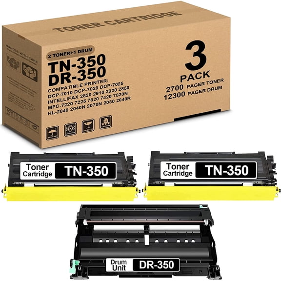 3 Pack Black(2 Toner+1 Drum) TN350 TN-350 Toner Cartridge & DR350 DR-350 Drum Unit Replacement for Brother DCP-7010 7020 7025 MFC-7220 7225 7420 HL-2040 2040N 2070N Printer