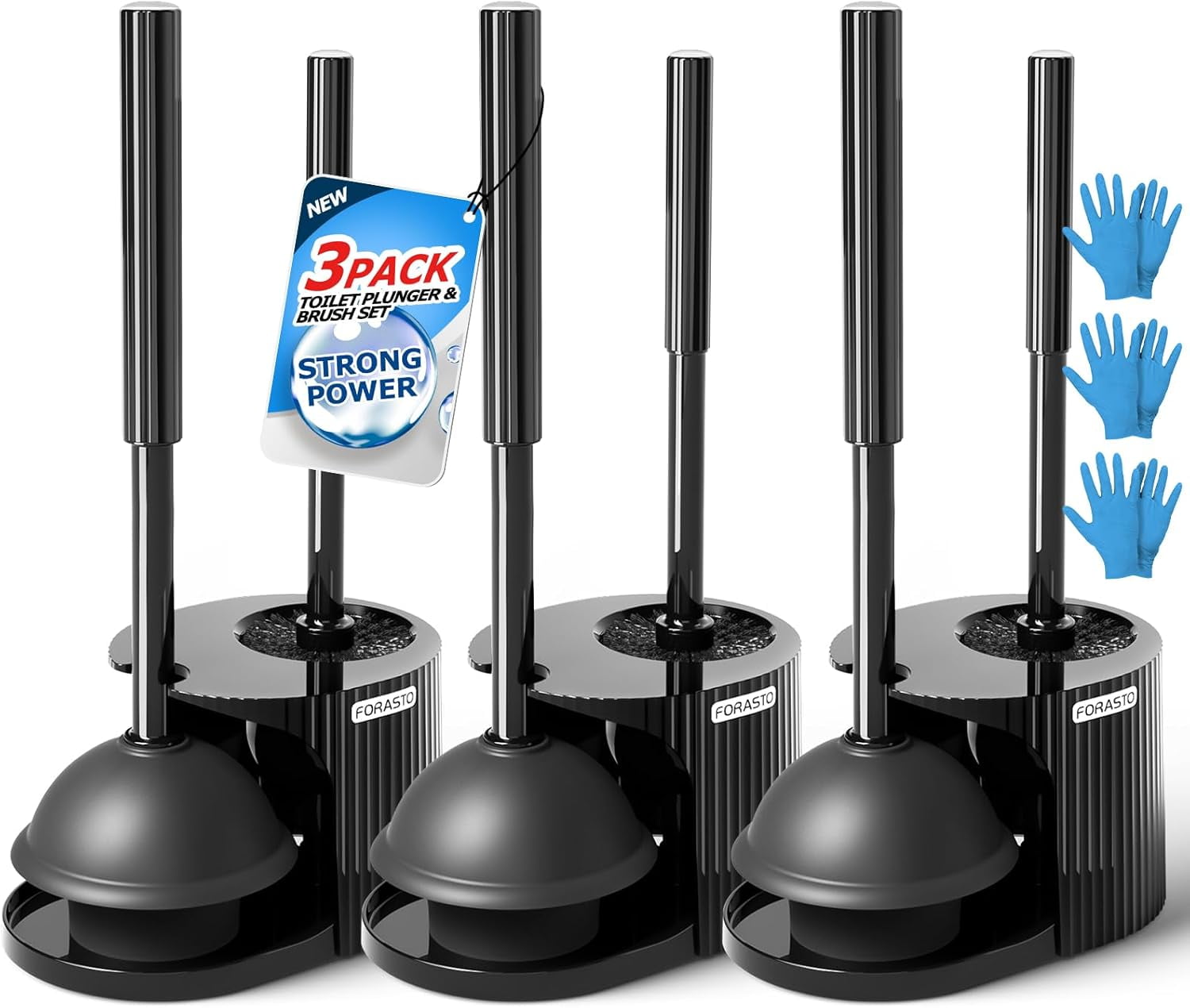 Toilet Brush and Plunger Set Black 3Pack 21inch Extended Handle Bathroom Cleaning Tools