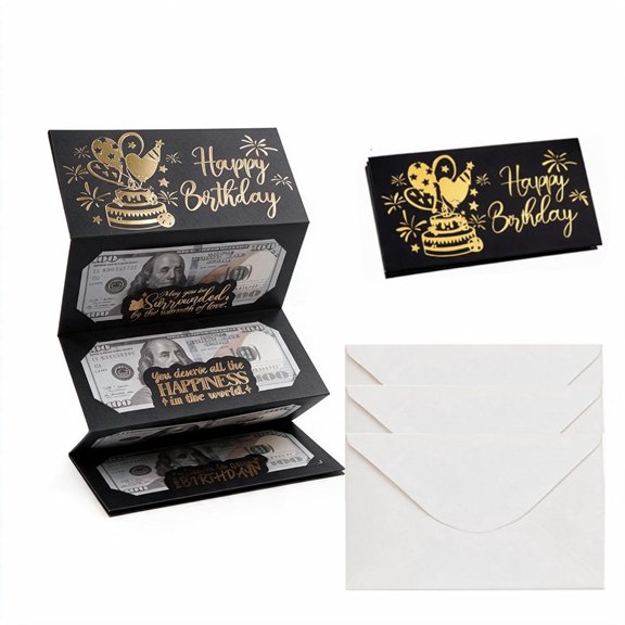 3 Pack Black Birthday Surprise Folding Money Envelope, Cascading Pull‑out Cash Gift Box with Matching Envelope for Birthday Present