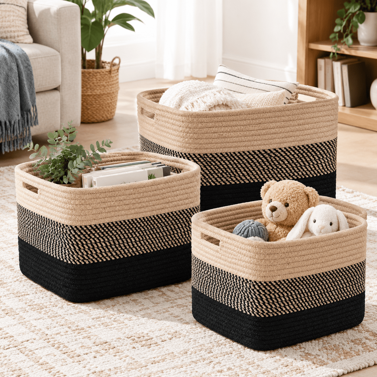 3 Pack Black Brown Woven Cotton Rope Storage Baskets for Closet Shelves ...