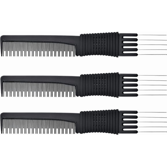 3 Pack Black Carbon Lift Teasing Combs with Metal Prong, Salon Teasing Back Combs, Black Carbon Comb with Stainless Steel Lift (Style A)