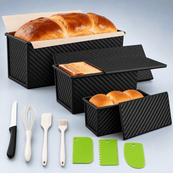 3 Pack Black Carbon Steel Pullman Loaf Pans with Lids, Square Baking Bakeware
