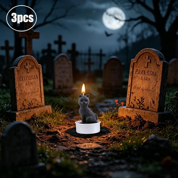 3 Pack Black Cat Shaped Halloween Scented Tea Light Candles, Mini Paraffin Wax Spooky Cat Candles with Aluminum Base, Tabletop Candle Decor Photo Props for Halloween Party Indoor Home Decoration