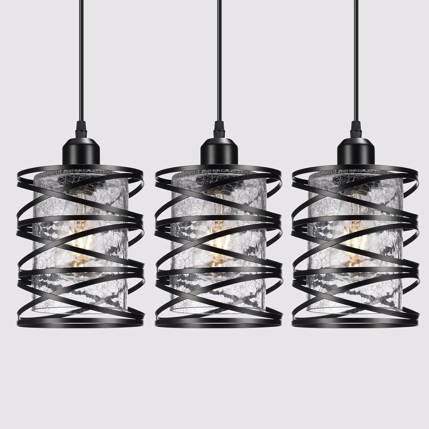 3 Pack Black Farmhouse Pendant Lights Kitchen Island Decor, Modern Seeded Glass Over Sink