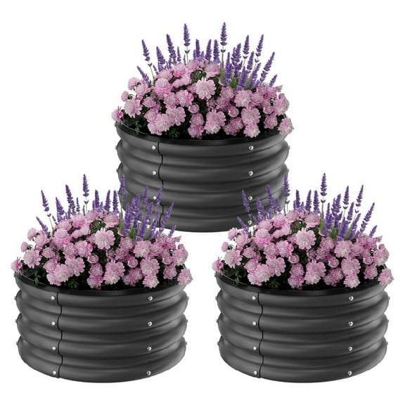 3-Pack Black Galvanized Metal Raised Garden Beds – 2x2x1 Ft Round Planter Boxes for Vegetables, Herbs & Outdoor Gardening – Sturdy Metal Planters – Ideal for Seedlings and Plant Growth