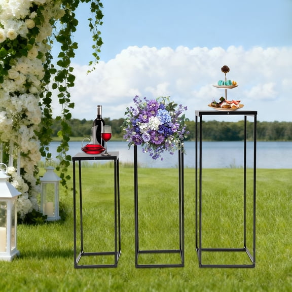 3 Pack Black Metal Flower Stand Set, Rectangular Wedding Centerpiece Pedestal Stands, Carbon Steel Plant Display Racks for Floral Arrangements, Party Decor, Cake Table, Home, Garden, Balcony