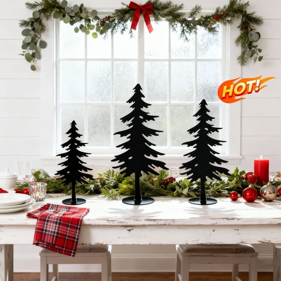 3Pack Black Metal Tabletop Christmas Tree Decor Set, Freestanding Iron Winter Pine Tree Centerpieces with Round Base,Black Shelf Mantel Ornaments for Cabin Party Indoor Xmas Home Decor Decorations