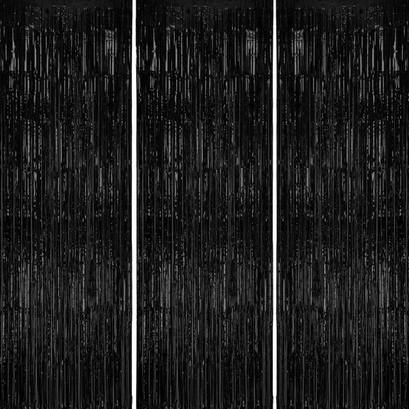 3 Pack Black Metallic Tinsel Foil Fringe Curtains, Black Foil Curtain Backdrop, Photo Booth Props for Birthday Wedding Baby Shower Bachelorette Xmas Celebration Party Decorations Door Streamers