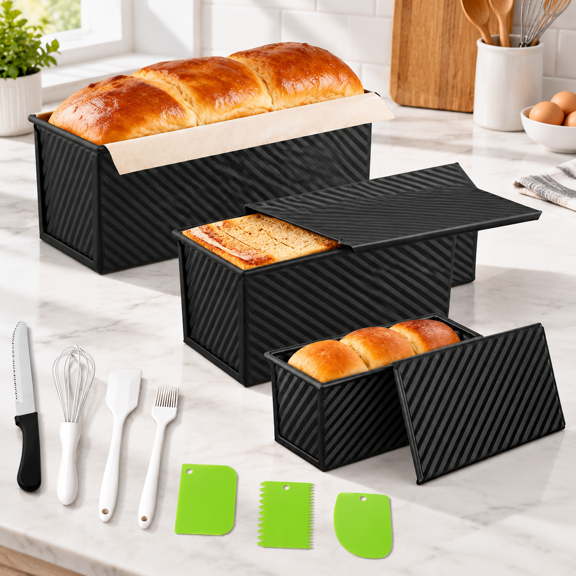3 Pack Black Non-stick Carbon Steel Pullman Loaf Pans with Lids for Baking
