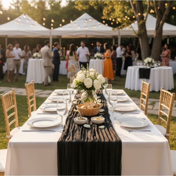 3-Pack Black/Off-White Balinese Crinkle Cloth Table Runners (10ft) - Year-Round Boho Gauze Table Decor for Wedding, Shower & Summer Garden Party