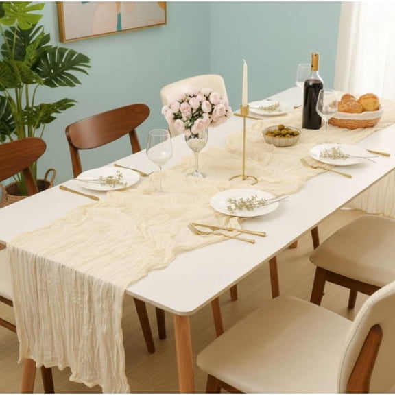 3-Pack Black/Off-White Balinese Crinkle Cloth Table Runners (10ft) - Year-Round Boho Gauze Table Decor for Wedding, Shower & Summer Garden Party