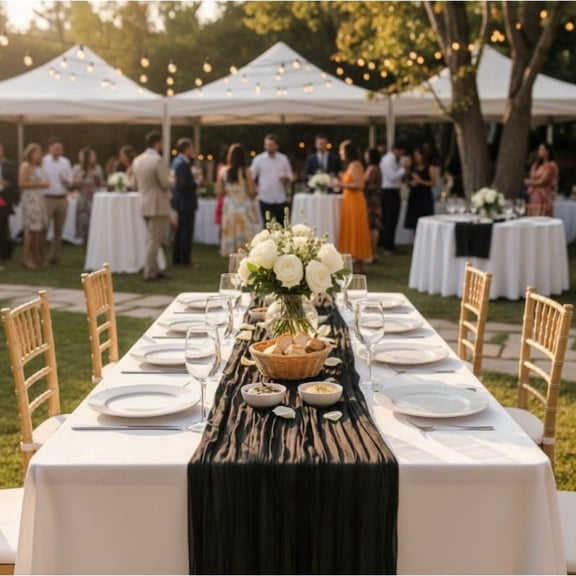 3-Pack Black/Off-White Balinese Crinkle Cloth Table  Runners (10ft) - Year-Round Boho Gauze Table Decor for Wedding, Shower & Summer Garden Party