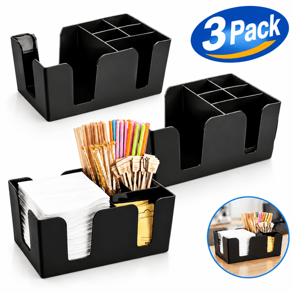 3 Pack Black Plastic Bar Caddy, 6 Compartments Refillable Bar Organizer, Napkin Holder Straw Holder for Countertop Storage
