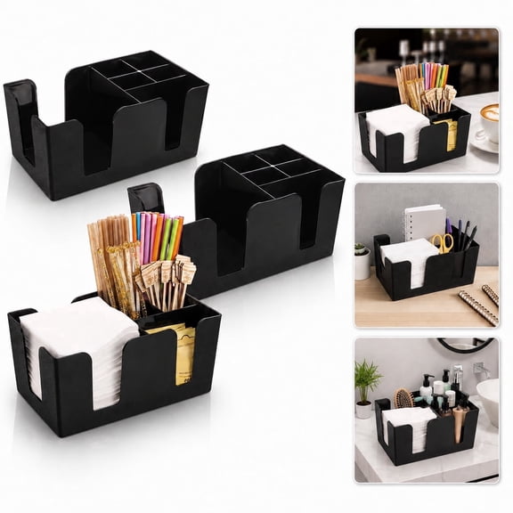 3 Pack Black Plastic Bar Caddy, 6 Compartments Refillable Bar Organizer, Napkin Holder Straw Holder for Countertop Storage