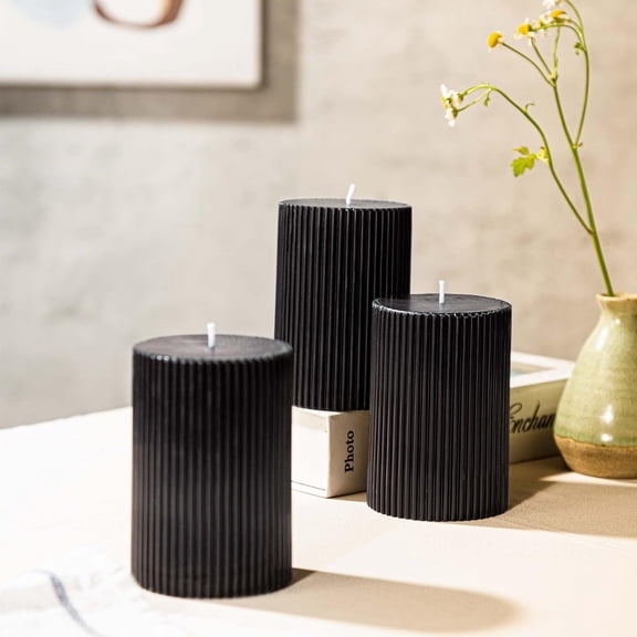 3-Pack Black Ribbed Pillar Candles Unscented, 2.75x4 Inches Black Candles , Aesthetic Decorative Textured Candle Set for  Decor