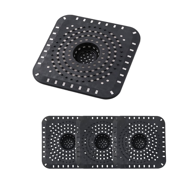 3-Pack Black Silicone Drain Strainers, 12.5 x 12.5 cm Square Hair Catcher for Shower, Bathroom Sink, Kitchen Sink and Floor Drain
