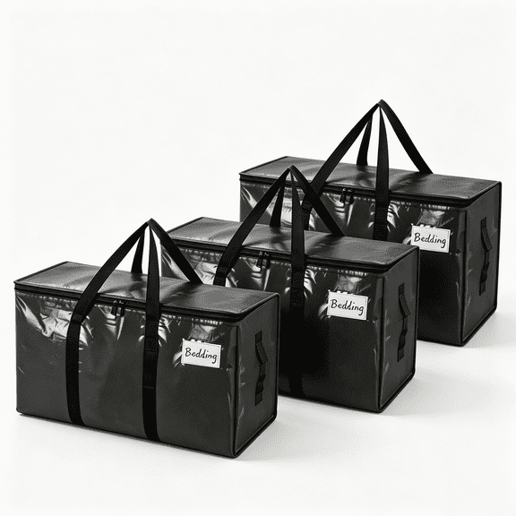 3 Pack Black Storage Tote Bags, Heavy Duty Moving Bag with Handles, Large Storage Tote for Moving, Back to School Beds Storage Bin Alternative