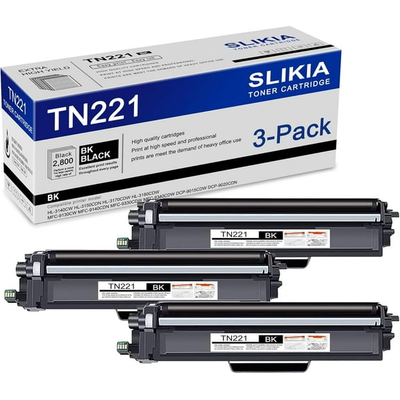 3-Pack Black TN221 Toner Cartridge: Compatible TN221 TN-221 Replacement for Brother HL-3140CW 3150CDN 3170CDW 3180CDW MFC-9130CW 9140CDN 9330CDW 9340CDW DCP-9015CDW 9020CDN Printer