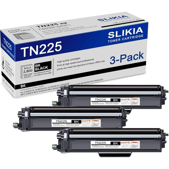 3-Pack Black TN225 Toner Cartridge: Compatible TN225 TN-225 Replacement for Brother HL-3140CW 3150CDN 3170CDW 3180CDW MFC-9130CW 9140CDN 9330CDW 9340CDW DCP-9015CDW 9020CDN Printer
