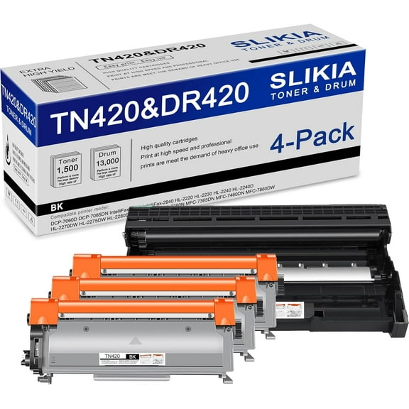 3 Pack Black TN420 Toner Cartridge and 1 Pack Black DR420 Drum Unit: Compatible TN420 DR420 Replacement for Brother DCP-7060D 7065DN IntelliFax-2840 2940 HL-2220 2240D 2270DW MFC-7240 7860DW Printer