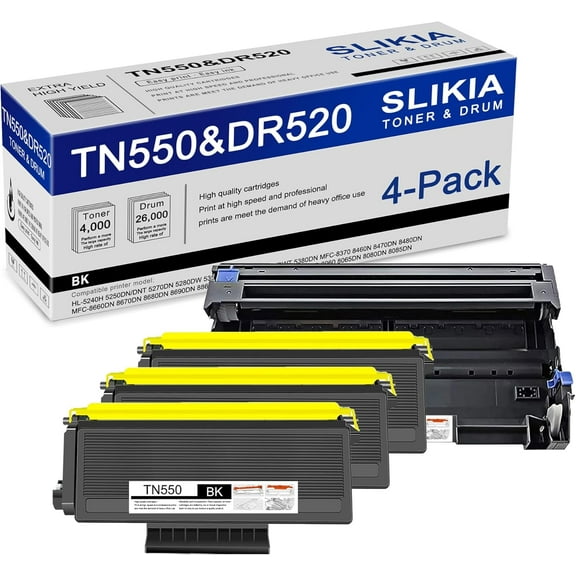 3 Pack Black TN550 Toner Cartridge and 1 Pack Black DR520 Drum Unit: Compatible TN550 DR520 Replacement for Brother HL-5240H 5280DW 5380DN MFC-8370 8470DN 8480DN 8680DN DCP-8060 8065DN 8080DN Printer