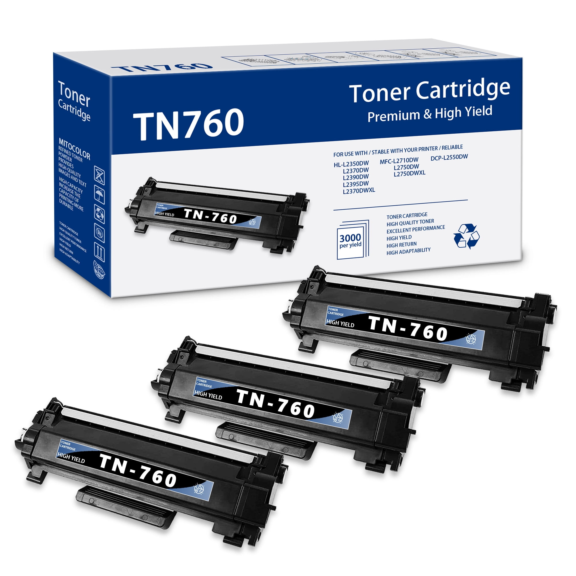 3 Pack Black TN760 Toner Cartridge Replacement for Brother HLL2390DW