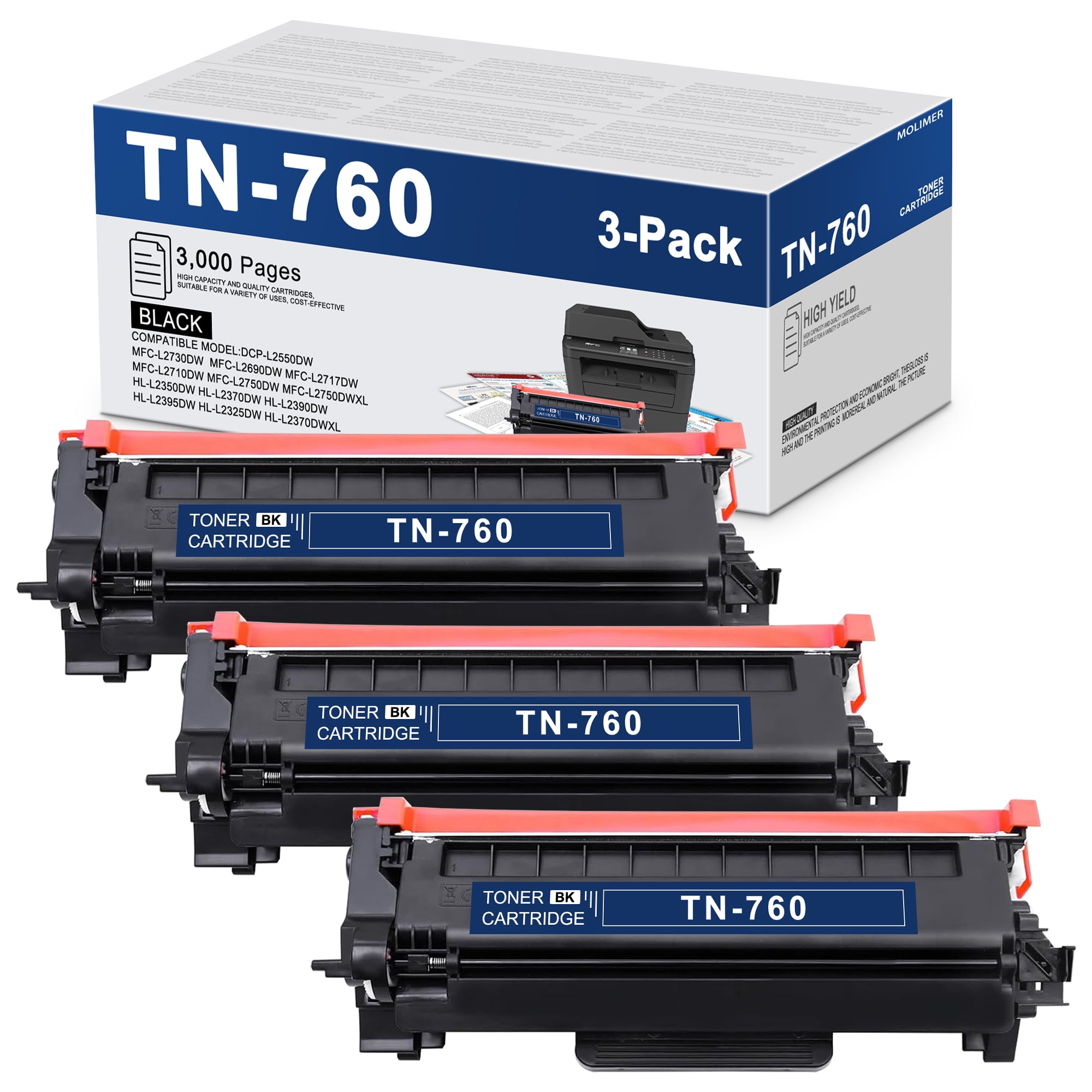 3 Pack TN760 Black Toner for Brother HLL2390DW, MFCL2730DW, MFC