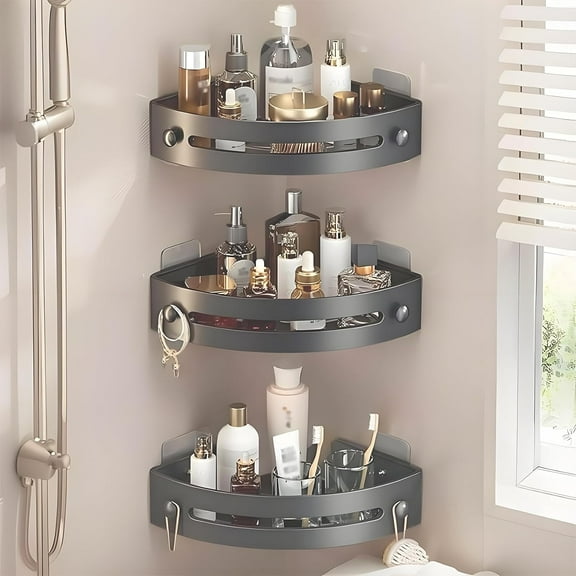 3-Pack Black Triangle Shower Caddy, 3-Tier Shower Caddy Corner Shelves Shower Storage Rack, Drill Free Wall Mount Shower Organizer, Bathroom Adhesive Corner Shelves Caddies with Hooks (Gray)